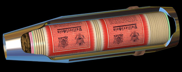 Cut-away model of 105mm Propaganda Leaflet Shell by Lee Richards