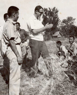 John Doolittle and a Government of Vietnam official at a ceremonial meeting with rural Montagnard villagers in a II Corps village near Ban Me Thuot in the Central Highlands.