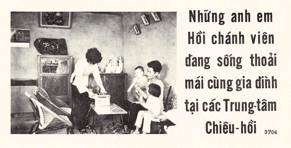 Vietnam War propaganda leaflet 3704, Returnee Lives Pleasantly With his Family in a Chieu Hoi Center.