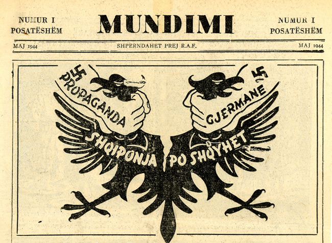 Leaflet-newspapers: Fig.  10. It is believed that this newspaper (top half of page 1 of 4 shown) was  dropped on Albania. A better translation of the title, believed to be  "Struggle", is required - please contact the author.