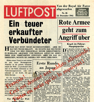 Leaflet-newspapers: Fig. 14. The most regular phase of Luftpost production was  from June&nbsp; to December 1940. This issue  was one of the few that was overprinted in red with a message to the French  asking them to ensure the Germans received it.