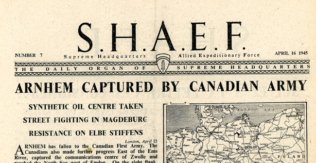 Leaflet-newspapers: Fig. 16. SHAEF was dropped almost daily from April 10 to  July 10 1945. After hostilities ceased it was dropped in parachute containers  for distribution.