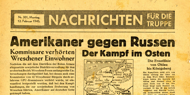 Leaflet-newspapers: Fig. 22. The lead story of this forged edition suggests  that the real fight is between the Americans and the Russians, a common theme  of German leaflets for Allied troops.