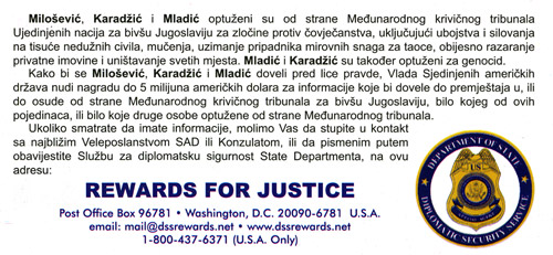 Reward for Slobodan Milosevic, Radovan Karadzic, and Ratko Mladic