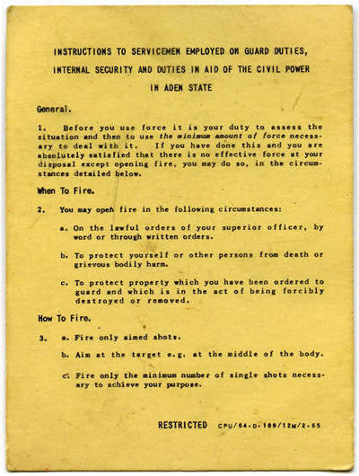 Rules of Engagement card authorising when British troops could use force.