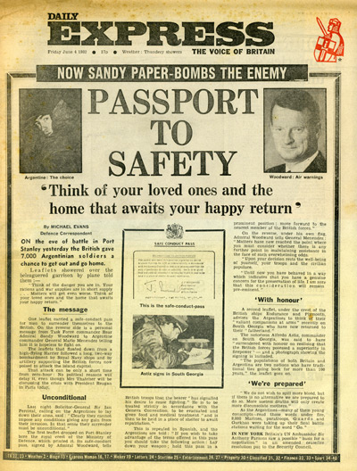 The Daily Express, 4 June 1982 showing Safe Conduct Pass